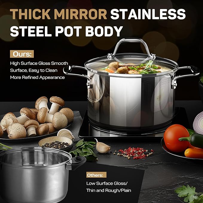 11-Piece Tri-Ply Stainless Steel Pots and Pans Set 18/10 Stainless Steel Cookware Set with Steamer Insert Induction Kitchen Cookware Sets with Cool Ergonomic Handles Dishwasher Oven Safe