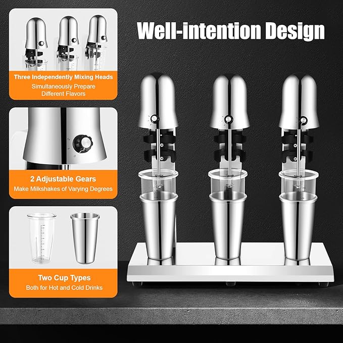 3 Head Milkshake Maker 18000RPM Electric Milkshake Mixer Commercial Milk Shake Blender Machine with 3x800ml Cup Beverage Frother Mixer for Tea Milk Juice Portein Shakes