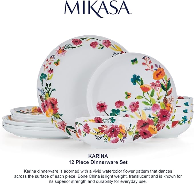 Mikasa Karina Bone China Lightweight Chip Resistant 12 Piece Dinnerware Set Service for 4