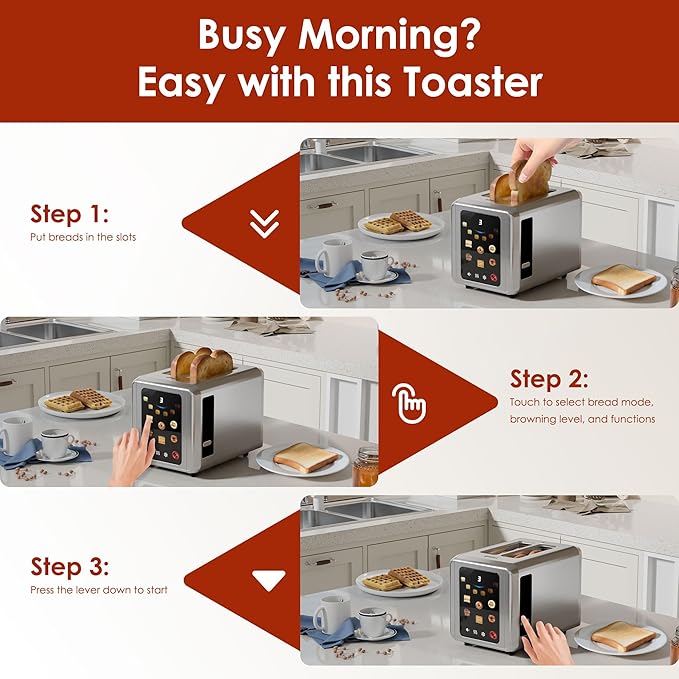 WHALL Full Touch Screen Toaster 2 Slice 1.5'' Wide Slot Stainless Steel Toaster with Digital Timer 6 Bread Types &amp 6 Shade Settings Crumb Tray Reheat/Defrost Smart Toasters for Bagels Silver