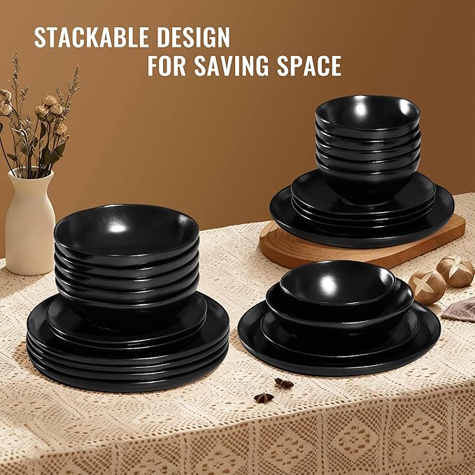 Herogo Stoneware Dinnerware Sets for 6 18 Piece Ceramic Dinner Dishes Set Irregular Handmade Plates and Bowls Dishware Crack and Scratch Resistant Reactive GlazeMatte Black