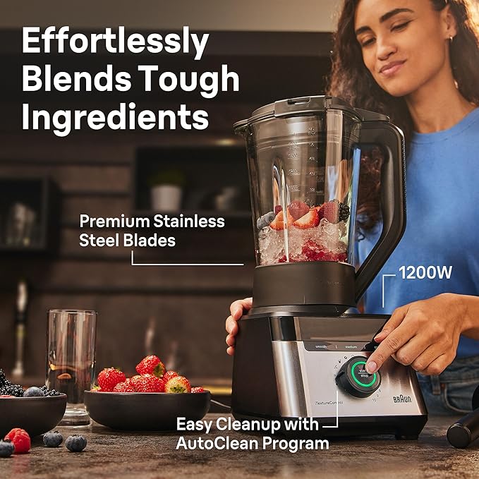 Braun TriForce Power Blender - Powerful 1200 Watt Countertop Blender with 10 Manual Speeds 3 Texture &amp 3 Food Settings Stainless Steel Blades for Effortless Emulsifying for Smoothies Purees &a