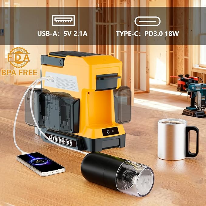 Cordless Coffee Maker for Dewalt 20V MAX Battery 3 Brewing Options Drip Coffee Maker with Coffee Grinder Portable Single Serve Coffee Makers for Camping Travel and Jobsite. (Tool Only)