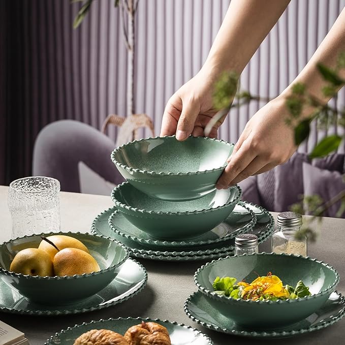 MissYIP 12 Piece Melamine Dinnerware Sets Service for 4 Lightweight Unbreakable BPA Free Food Grade Plates Sets Dishwasher Top Safe Not Microwave Not Oven Indoor and Outdoor Use