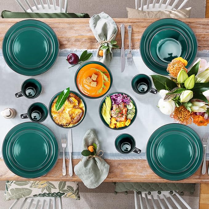 Plates and Bowls Sets 16 Pieces Dinnerware Sets Dishes Set for 4 Christmas Kitchen Set is Home Essentials Dark Green &amp Black