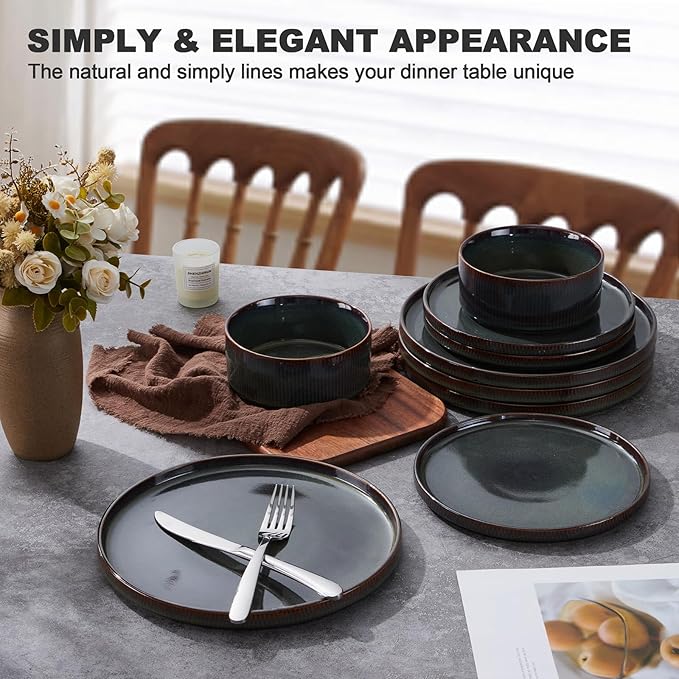 Vesteel Dinnerware Set for 4 12-Piece Stoneware Ribbed Dishes with Reactive Glaze Ceramic Plates and Bowls Set for Home Restaurant Chip &amp Scratch Resistant - Blackish Green