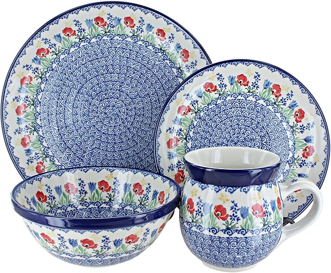 Blue Rose Polish Pottery - Blue Memory Garden 4 PC Place Setting - Service for 1-1 Place Setting - Great for Everyday Dining Casual Dining or as Formal Dinnerware