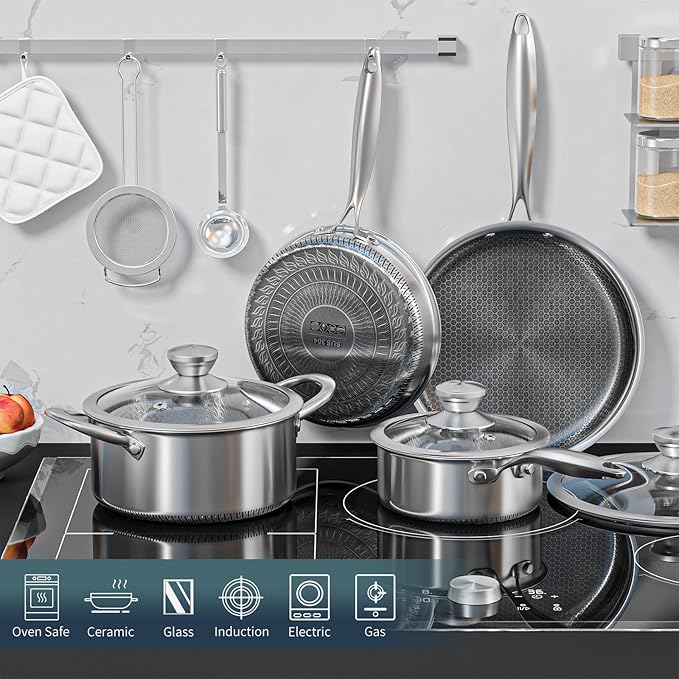 AuFranc® Hybrid Nonstick Stainless Steel Pots and Pans Set Induction Cookware Set with Tempered Glass Lids Non-stick Pot and Pan Set Suitable for All Cooktops Non-Toxic Dishwasher &amp Oven Safe