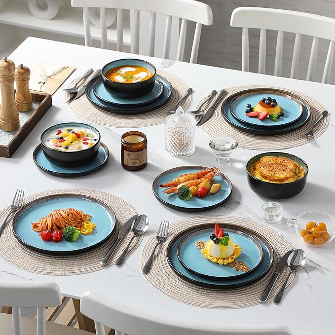vancasso Plates and Bowls Sets 24 Pieces Stoneware Dinnerware Sets for 8 Kitchen Dish Set Mircowave and Dishwasher Safe Dinner Set Ceramic Dishware Sky Blue Series AMBER