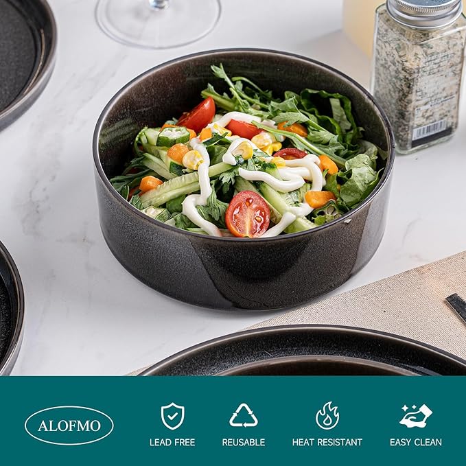 Stoneware Dinnerware Sets Plates and Bowls Set for 4 12-Piece Modern Stoneware Dinnerware – Chip Resistant Non-Toxic Dishwasher and Microwave Safe TablewareGlossy Black