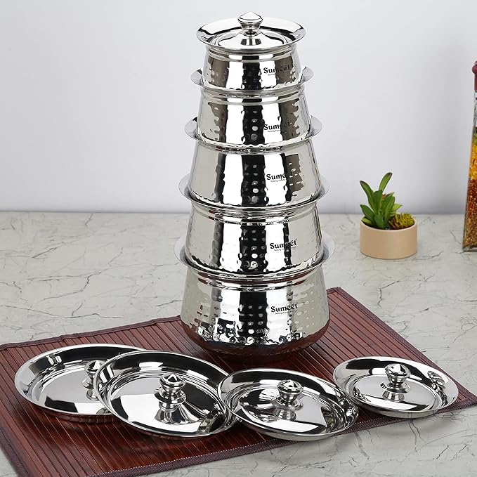 Sumeet Stainless Steel Handcrafted Hammered Texture Handi Set with Lid for Kitchen Set of 5 460ml 650ml 950ml 1300ml &amp 1700ml Silver