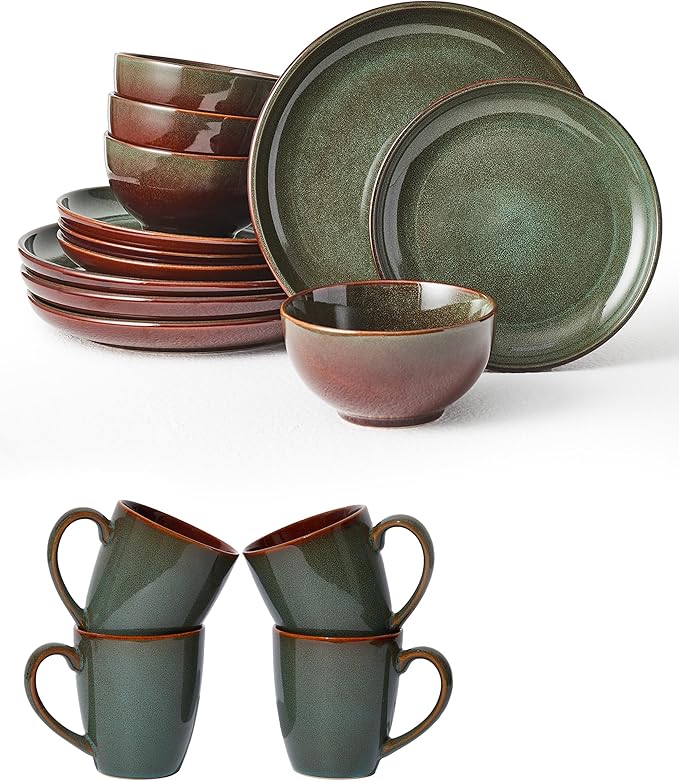 16 Pieces Dinnerware Sets with Mugs Brown Green