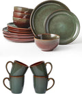 16 Pieces Dinnerware Sets with Mugs Brown Green