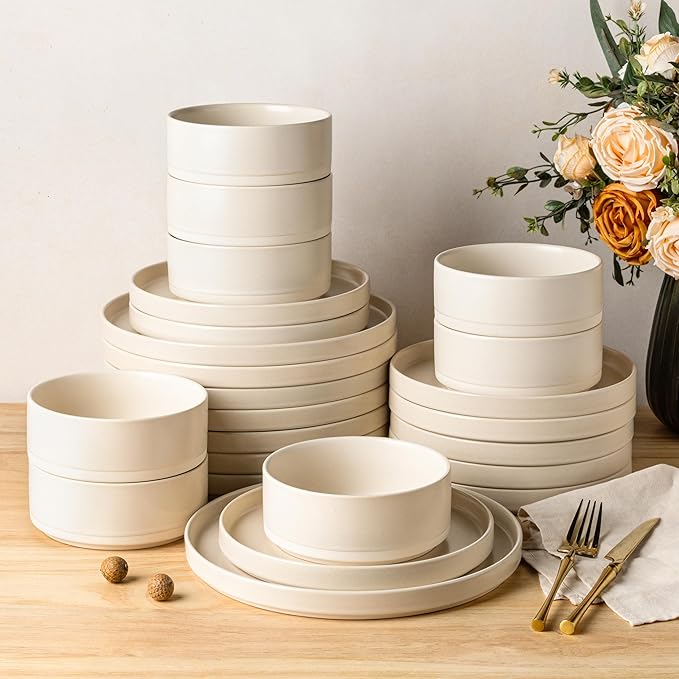 TheTerra Ceramic Dinnerware Sets for 8 24 Pieces Handmade Reactive Glaze Plates and Bowls Set Scratch Resistant Dish Set Oven &amp Microwave &amp Dishwasher Safe Matte White