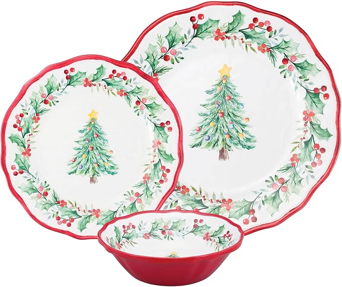 UPware 12 Piece Christmas Tree Melamine Dinnerware Sets Outdoor Dishes Set Plates and Bowls Sets Christmas Decorations Service for 4 Red
