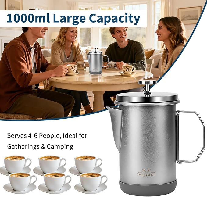 MERMOO YILAN Stainless Steel French Press Coffee Maker Manual Milk Frother 32oz for 4-6 Cup Foldable Handle Insulated Coffee Press Portable for Camping Home Use (Black)