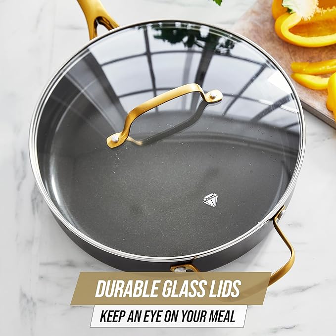 Blue Diamond Gold 12 Piece Cookware Set PFAS-Free Ceramic Nonstick Pots &amp Pans Induction Ready for All Cooktops Kitchen Serving Utensils Dishwasher Safe Black