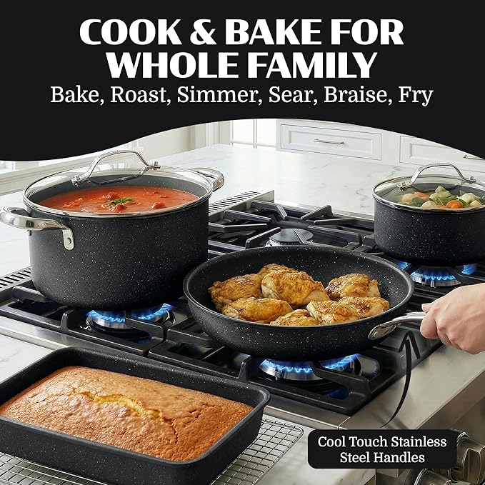 Granitestone Ceraluxe 20 Pc Ceramic Cookware Set Nonstick Complete Pots and Pans Set Non Stick with 5 Pc Bakeware Set Deep Frying Pan Set &amp Steamer Non Toxic PFOA Free Oven &amp Dishwasher S