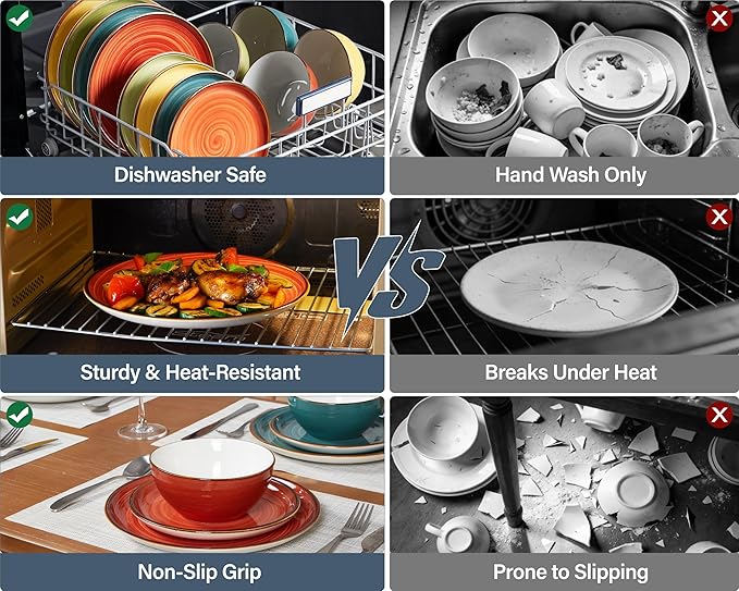 ONEMORE Plates and Bowls Set 12 PcsStoneware Dinnerware Sets for 4 MicrowavableOven &amp Dishwasher Safe PorcelainScratch Resistant Dishes Set