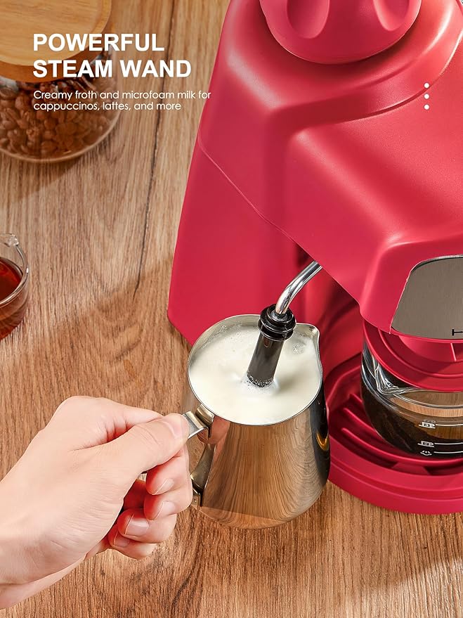 Espresso Machine 3.5Bar Espresso and Cappuccino Machine with Preheating Function 4 Cup Coffee Maker with Milk Frothing Function and Steam Wand (Red) CM6810