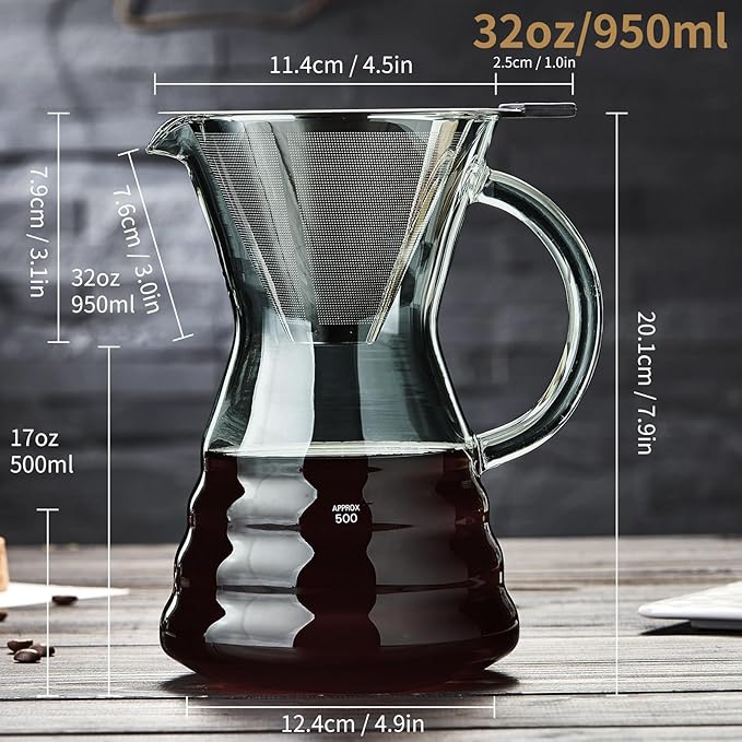 Unbreakable - Pour Over Coffee Maker with Permanent Stainless Filter 27 fl oz Thickened Heat-Resistant Borosilicate Glass Dripper Coffee Brewer Stovetop Safe Ink
