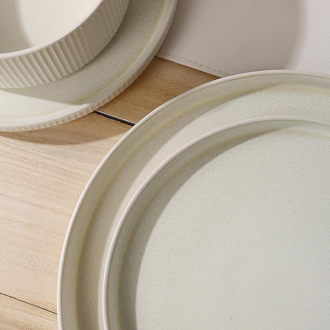 MONITO Ceramic Dinnerware Sets for 4 12PCS Stoneware Plates and Bowls Sets Reactive Glaze Dish Set Chip and Scratch Resistant Double Microwave and Dishwasher Safe Matte White