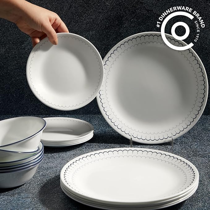 Corelle 18-Piece Dinnerware Set Service for 6 Lightweight Round Plates and Bowls Set Vitrelle Triple Layer Glass Chip Resistant Microwave and Dishwasher Safe Caspian
