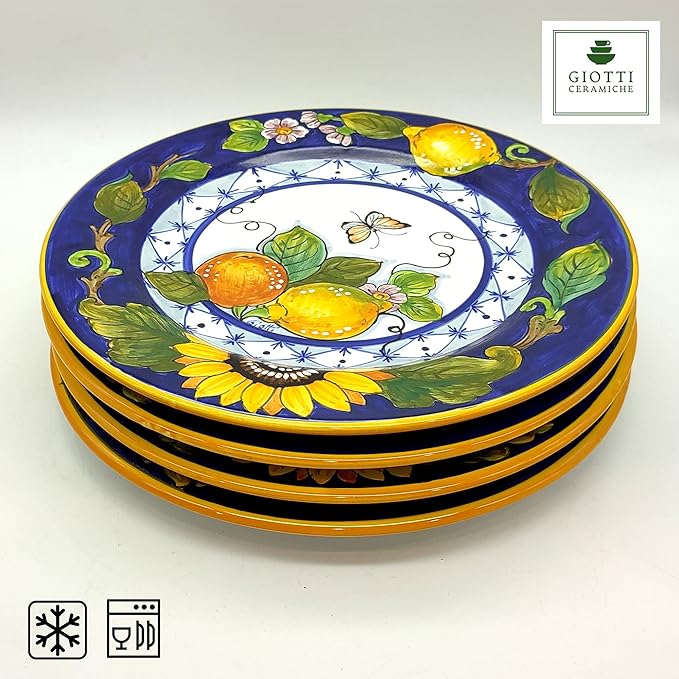 Italian Ceramic dinnerware set - Hand Painted kitchen Dishes sets for 4 - Made in ITALY Tuscany - Italian Pottery dinner plates - Home Decor Sunflower Lemon Ceramics dishes set - Service For 4