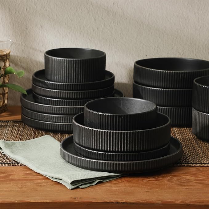 Gibson Elite Deerfield 16-Piece Stoneware Dinnerware Set – Matte Black Reactive Glaze Plates and Bowls Stackable Modern Design Service for 4 – Microwave &amp Dishwasher Safe