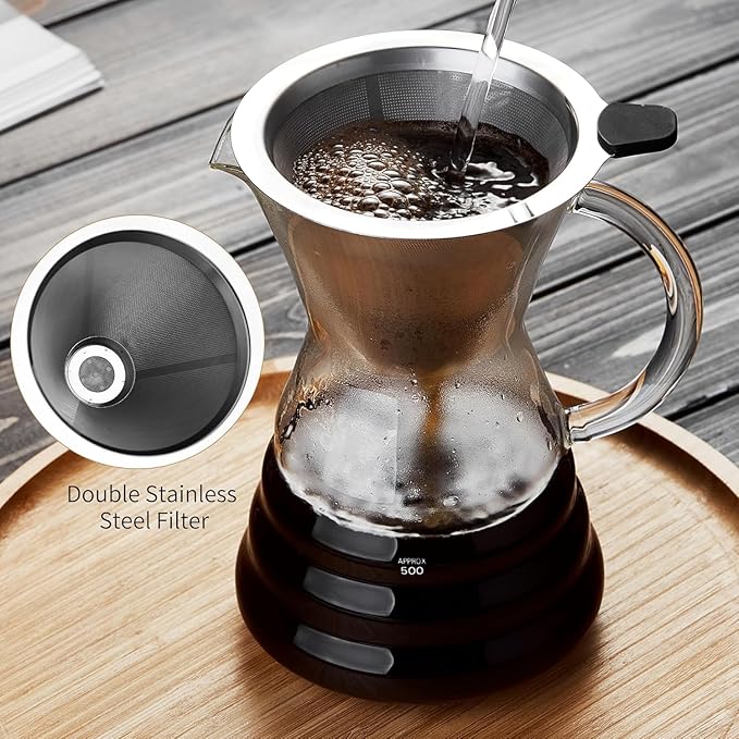 Unbreakable - 18 Pack Pour Over Coffee Maker with Permanent Stainless Filter 27 fl oz Thickened Heat-Resistant Borosilicate Glass Dripper Coffee Brewer Stovetop Safe