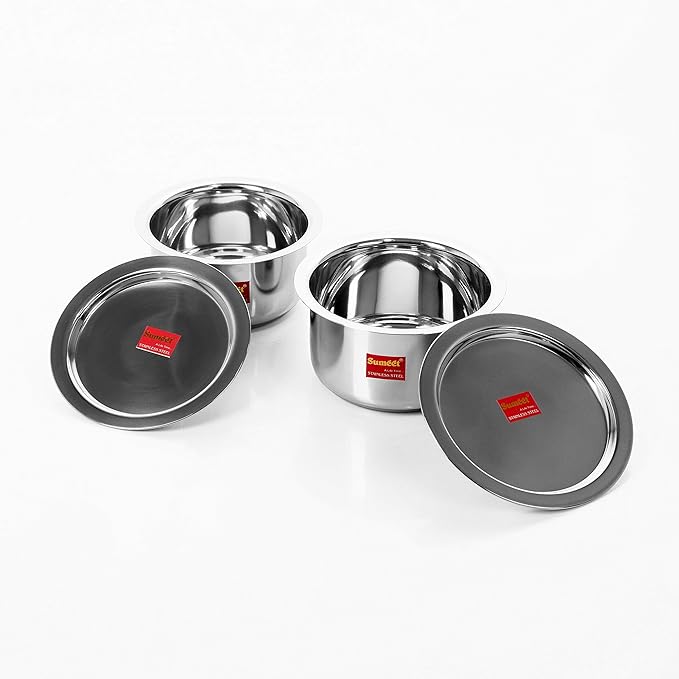 Sumeet 2 Pcs Stainless Steel Induction &amp Gas Stove Friendly Container Set/Tope/Cookware Set with Lids - Size No.13 &amp No.14