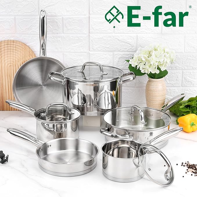 E-far 10-Piece Stainless Steel Cookware Set and Stainless Steel Baking Pan Set Bundle Induction Pots and Pans Set with Tri-Ply Base 6-Piece Metal Bakeware Sets Include Cookie Sheet Dishwasher Safe