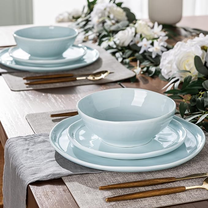 LERATIO Ceramic Dinnerware Sets for 6Porcelain Plates and Bowls Sets with Wavy EdgeMicrowave &amp Dishwasher &amp Oven SafeLight Weight &amp Scratch Resistant Dishes Sets-Light Blue(18pcs)
