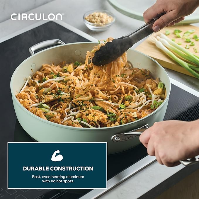 Circulon Halo with LaserDefense Ceramic Nonstick Saute Pan with Helper Handle and Lid Made without PFAS Compatible with All Stovetops Dishwasher and Oven Safe 5 Quart Multipurpose Pan - Sage