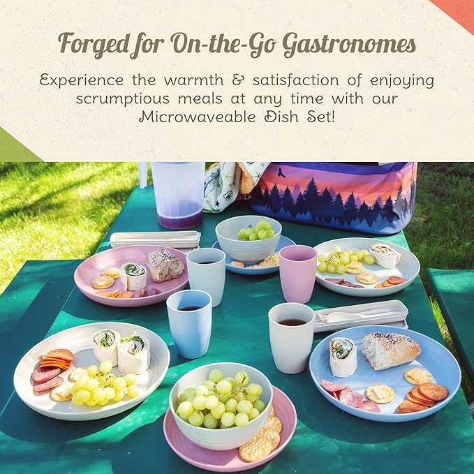 Camp Casual Camping Plates Cups and Bowls Set - 8-pc Wheat Straw Dinnerware Sets - 2 Bowls 2 Cups 2 Small &amp 2 Large Indoor/Outdoor RV Dishes - BPA Free Dishwasher &amp Microwave Safe (Drift wo