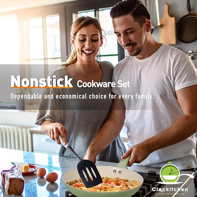 Clockitchen Ceramic Nonstick Cookware Set 10-piece Non-Toxic Cooking Pots and Pans Set Induction Stovetops Compatibility Green Kitchenware for Healthy Cooking