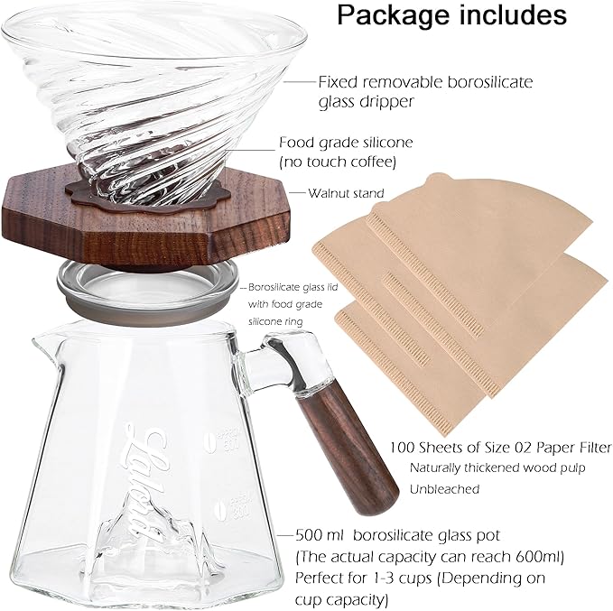 Pour Over Coffee Maker 20 oz Borosilicate Glass Set with 100 pcs Paper Filter Walnut Collar &amp Glass Lid Drip Coffee Maker 1-3 Cups Clear (B-600 ml Set)