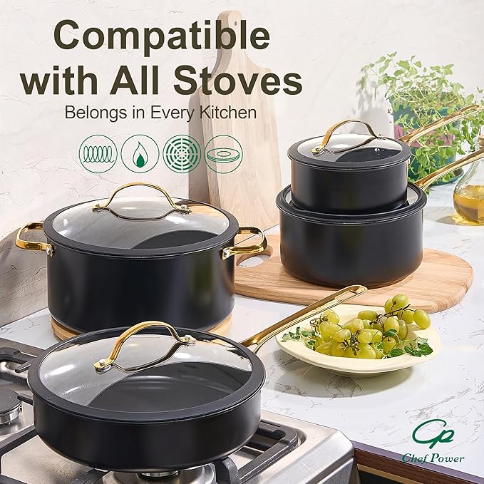 Chef Power Ceramic Cookware Sets 15Pcs Pots and Pans Set Non Stick Cookware Set with Stainless Steel Handle Dishwasher &amp Oven Safe Stone Black and Light Gold Handle