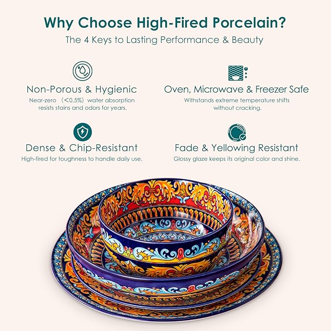 vancasso 24-Piece Dinnerware SetsPlates &amp Bowls Sets Service for 6 Bohemian Porcelain Dishes Set for 6 Kitchen Dinner SetMicrowave &amp Dishwasher Safe Scratch ResistantSeries KRVI