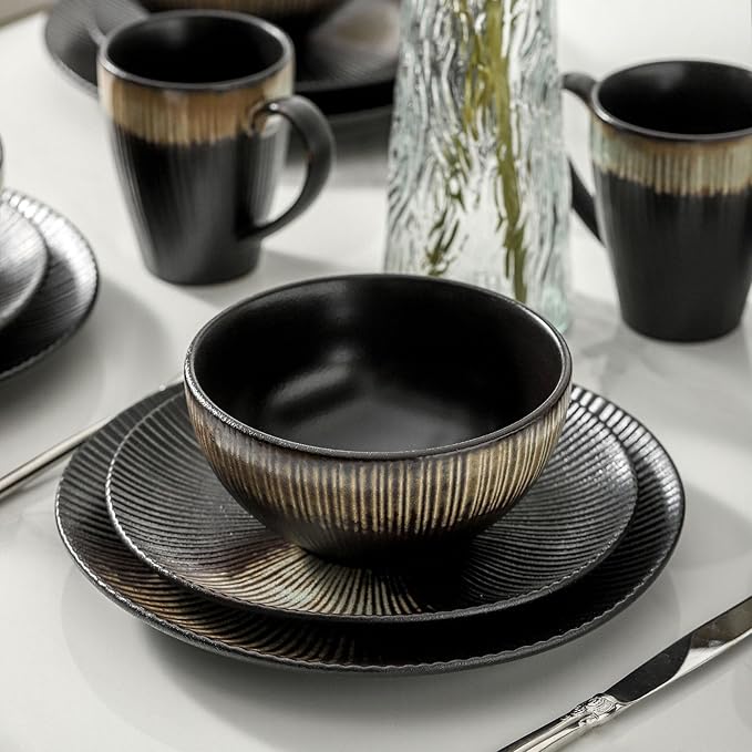 KOOV Ceramic Dinnerware Set of 16 Plates Bowls Cups &amp Dessert Plates for Party Microwave &amp Dishwasher Safe Stripe Series (Rough Black)