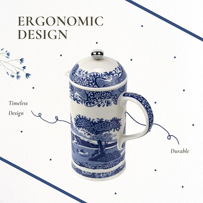 Spode Blue Italian French Press | 28-Ounce Capacity | Espresso Coffee and Tea Maker | Porcelain Cafetiere | Stainless Steel Plunger | Dishwasher Safe (Blue/White)