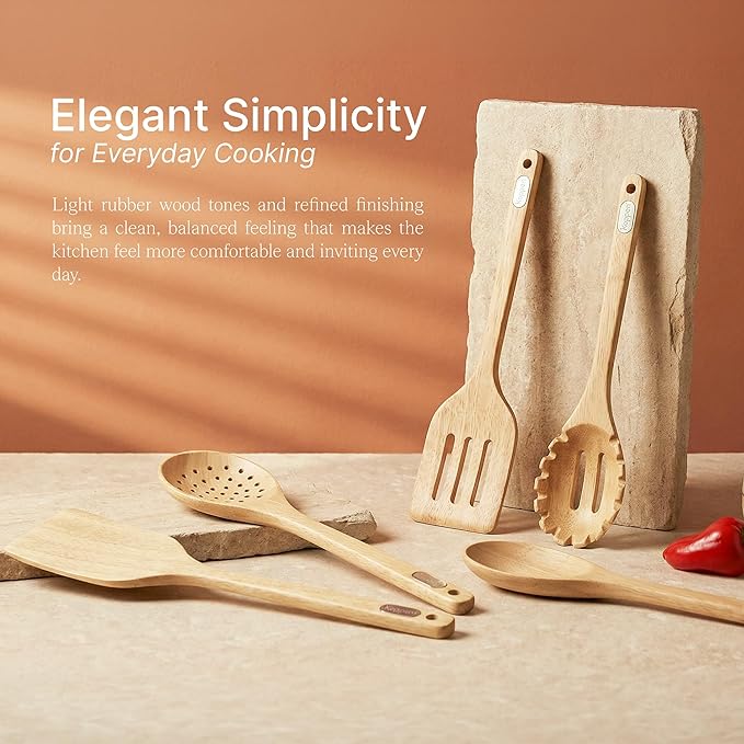 Koppen Rubber Wood Kitchen Utensils Set Durable Wooden Cooking Spoon and Spatula Ladle for Nonstick Cookware Non Toxic Heat Resistant Smooth Grip Modern Elegant Design for Everyday (7 Piece Set)