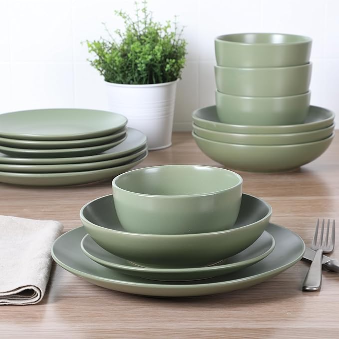 Gibson Home Queenslane 16-Piece Matte Green Stoneware Dinnerware Set – Double Bowl Plates and Bowls Durable Kitchen Dinner Set