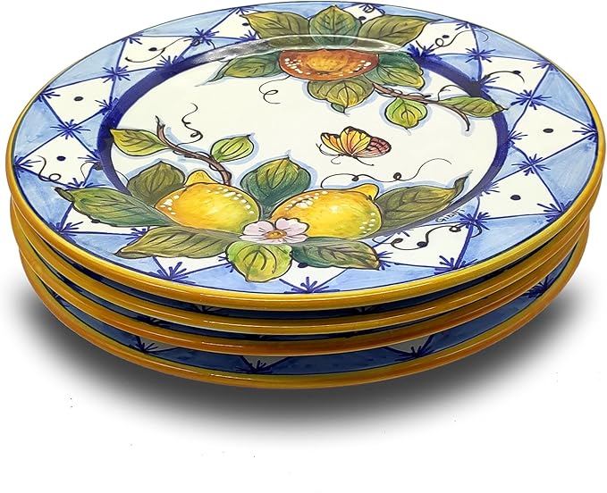 Italian Ceramic dinnerware set - Hand Painted kitchen Small Dishes sets for 4 - Made in ITALY Tuscany - Italian Pottery dinner plates - Home Decor Lemons Ischia Ceramics salad dishes set