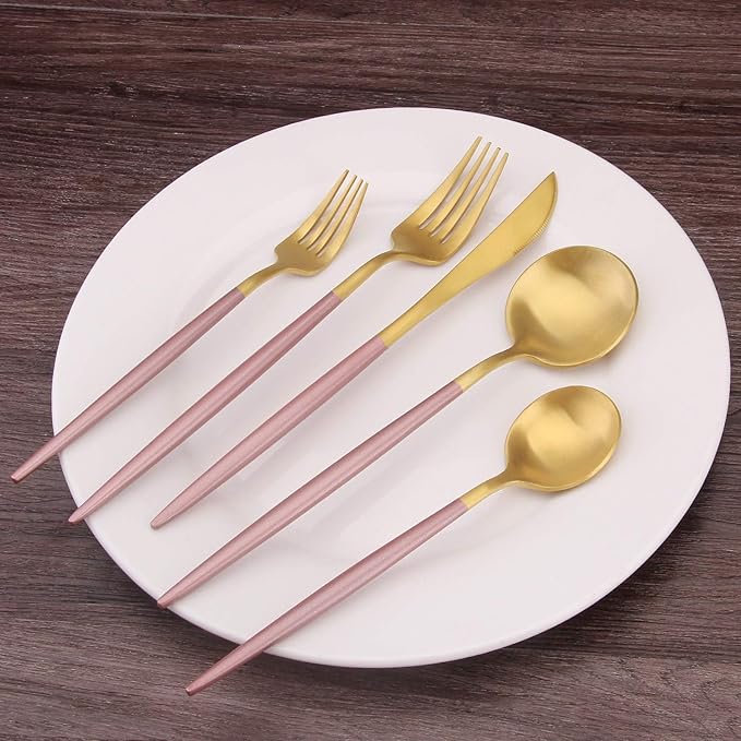 Matte Gold Silverware Set with pink handle Bysta 20-Piece Stainless Steel Flatware Set Kitchen Utensil Set Service for 4 Tableware Cutlery Set for Home and Restaurant Satin Finish Dishwasher Safe