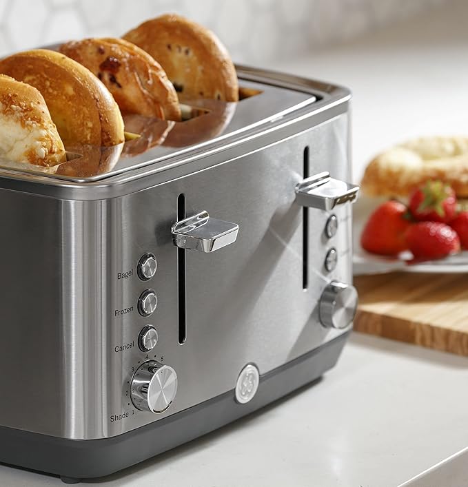 GE Stainless Steel 4 Slice Toaster | Extra Wide Slots for Bagels Breads Waffles &amp More | 7 Shade Options | Countertop Kitchen Essentials | 1500 watt