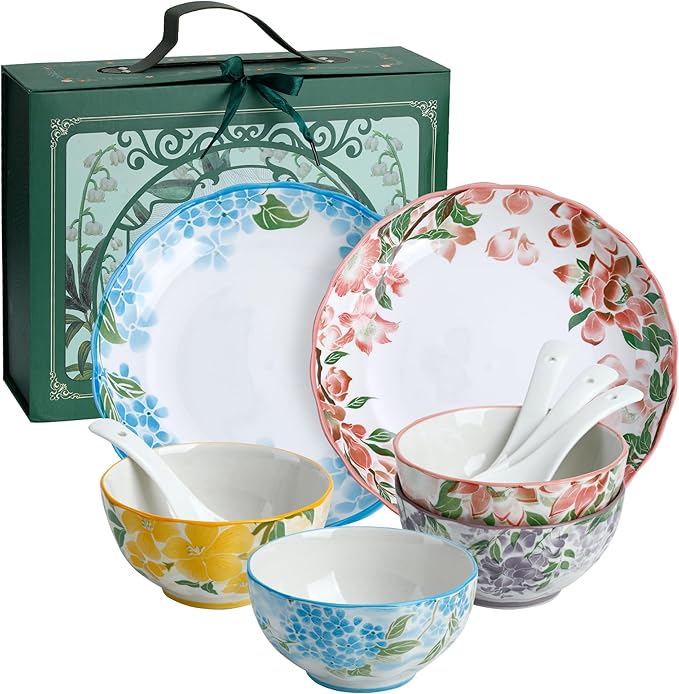 Floral Dinnerware Sets for 2 10-Piece Stoneware Plates &amp Bowls Sets Microwave &amp Dishwasher Safe Chip Resistant Gift Box Included