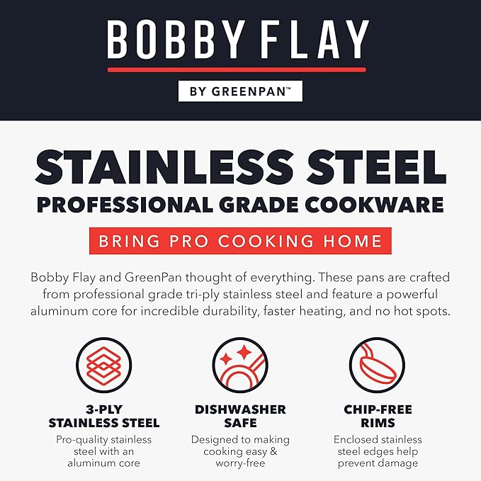 GreenPan x Bobby Flay Stainless Steel 3.75QT Saucepan and 12” Frying Pan Skillet with Glass Lids Professional Grade Tri Ply Induction Suitable Dishwasher &amp Oven Safe Stay Cool Silicone Handle