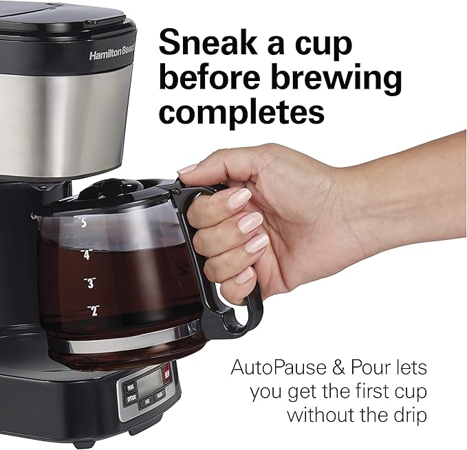 Hamilton Beach 5 Cup Drip Coffee Maker with Easy FrontFill Basket Compact Design Programmable Clock Glass Carafe Auto Pause and Pour Black &amp Stainless Steel (46111)