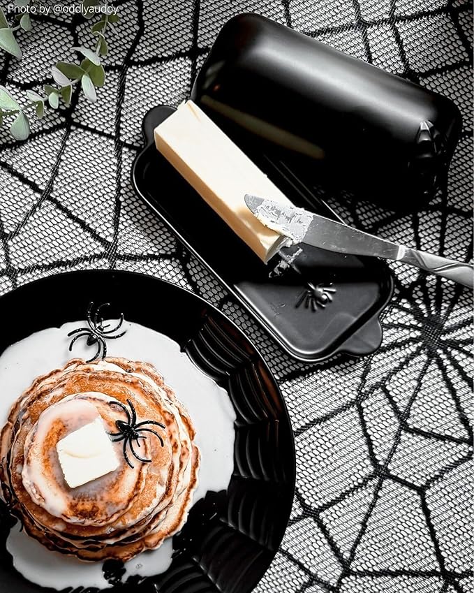 Spiderweb Dinnerware Set of 12 + Butter Dish Set - Gothic Kitchen Decor - Black Matte Porcelain with: 4 Dinner Plates 4 Salad Plates 4 Bowls 1 Butter dish with Lid - Halloween Gifts